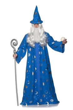 a wizard with white hair and beard holding a staff in one hand while wearing a blue robe