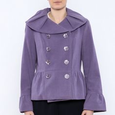 This Beautiful Lavender Blazer Is Double Breasted With Pearl Round 1.5" Buttons. It Has A Peter Pan Collar All Around The Front And Back Of The Jacket. Puffed Cuff And Peblum Waist To Hip. Material Is A Polyester/Rayon Blend Melton. Fitted. Dry Clean Only. Single Breasted Purple Outerwear For Fall, Purple Single-breasted Outerwear For Fall, Fall Purple Single Breasted Outerwear, Formal Purple Outerwear For Spring, Purple Formal Outerwear For Spring, Elegant Long Sleeve Lavender Blazer, Elegant Lavender Long-sleeve Blazer, Elegant Lavender Long Sleeve Blazer, Lavender Outerwear For Spring Workwear