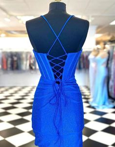 Spaghetti Straps Short Glitter Party Dress Hoco Party, Royal Blue Homecoming Dress, Glitter Party Dress, Bodycon Dress Homecoming, Short Fitted Dress, Homecoming Ideas, Blue Corset, Blue Homecoming Dresses, Red Corset