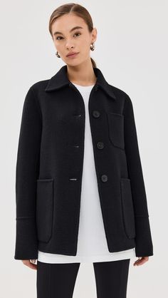 Find JIL SANDER Doubleface Jacket on Editorialist. Fabric: Heavyweight felted wool. Collared neck. Long sleeves with button cuffs. Button placket. Patch breast and hip pockets. Shell: 100% virgin wool. Dry clean. Made in Italy. Measurements: Measurements from size 34 Length: 26.5in / 67.0cm, from shoulder Collared Wool Outerwear For Office, Designer Wool Coat With Button Closure For Fall, Designer Single Breasted Wool Coat For Work, Designer Wool Outerwear For Office, Designer Single-breasted Wool Coat For Work, Button-up Wool Coat For Work, Wool Coat With Button Cuffs And Lapel Collar, Black Designer Wool Coat With Button Closure, Wool Single-breasted Outerwear With Fold Down Collar