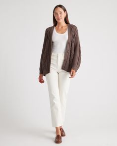 This coastal-chic sweater is everything: chunky yet breathable, airy yet warm, classic yet modern. The oversized shape feels so right now, and the midweight, cable-knit organic cotton is perfect for year-round wear.  | Quince | Women's OverSized Cable Cardigan Sweater in Heather Brown, Size XS, Organic Cotton Casual Cotton Chunky Knit Outerwear, Casual Chunky Knit Cotton Outerwear, Casual Cotton Sweater Coat With Cable Knit, Chic Chunky Knit Sweater With Relaxed Fit, Chic Chunky Knit Relaxed Sweater, Oversized Cable Knit Cotton Outerwear, Relaxed Fit Chunky Knit Cardigan For Loungewear, Cotton Chunky Knit Cardigan For Layering, Chic Chunky Knit Cardigan