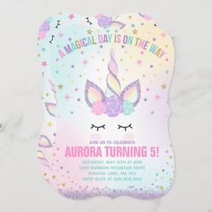 this is an image of a birthday party card with unicorn ears and stars on it