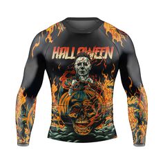 Halloween Michael Myers Return Men's Long Sleeve Rash Guard Introducing the Halloween Michael Myers Return Men's Long Sleeve Rash Guard, a top-tier compression shirt designed for athletes and fitness enthusiasts who demand the best in performance and style. This rash guard is crafted from a high-quality blend of Polyester and Spandex, ensuring a snug, second-skin fit that offers unparalleled flexibility and freedom of movement. Unmatched Comfort and Flexibility Our long sleeve rash guard is engineered to provide a slim fit that moves with your body, making it ideal for executing any fighting move or pose with ease. The fabric's elasticity ensures that you can stretch, bend, and twist without any restrictions, making it perfect for a wide range of sports and activities. Optimal Thermal Regu Fitted Sublimation Training Shirt With Moisture-wicking, Fitted Crew Neck Sublimation Design For Sports Season, Fitted Gym Tops With Sublimation Print, Fitted Long Sleeve T-shirt For Training, Fitted Graphic Print Tops For Training, Fitted Long Sleeve Halloween T-shirt, Black Tops For Training In Fall, Fitted Running Tops For Fall, Halloween Black Crew Neck Sublimation Design