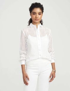 Anne Klein Cotton Eyelet Blouse Chic Cotton Eyelet Blouse, Chic Cotton Blouse With Eyelet Details, Chic Fitted Eyelet Blouse, Daywear Eyelet Button-up Top, Chic Spring Eyelet Blouse, Elegant Cotton Eyelet Tops, White Button-up Eyelet Blouse, White Eyelet Button-up Blouse, Spring Eyelet Button-up Top