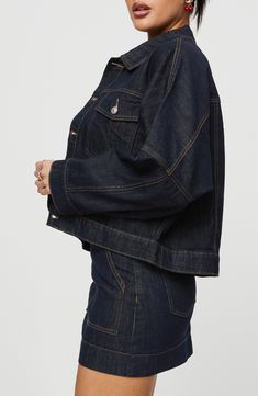 Boxy and cropped to create a modern silhouette, this denim jacket has a day-one dark wash that's perfectly chic for day or night. Front button closure Spread collar Button cuffs Chest button-flap patch pockets 100% cotton Machine wash, tumble dry Imported Cropped Denim Jacket With Button Closure, Cropped Dark Wash Denim Jacket With Button Closure, Dark Wash Cropped Denim Jacket For Fall, Denim Cropped Jacket For Workwear, Cropped Denim Jacket For Workwear, Cropped Dark Wash Denim Outerwear, Cropped Dark Wash Denim Jacket With Pockets, Dark Wash Cropped Denim Jacket, Dark Denim Jacket Outfit