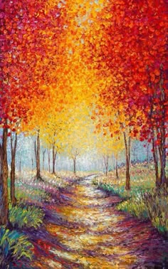 an oil painting of a path in the woods with red and yellow trees on either side