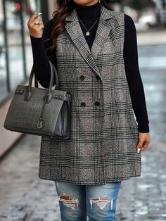 Multicolor Casual Collar Sleeveless Woven Fabric Plaid vest Embellished Non-Stretch  Women Plus Clothing Vest With Collar, Collar Outfits, Plus Size Blazers, Double Breasted Vest, Woman Suit, Plus Size Fall Fashion, Plus Size Blazer, Plus Size Fall, Plaid Vest