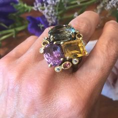 925 Sterling Silver  Black rhodium plated  Natural amethyst, citrine quartz tourmaline  Statement ring  Ring size 8.5 Gemstone Rings Unique, Heirloom Rings, Art Ring, Gold Statement Ring, Citrine Ring, Unique Gemstones, Black Rhodium, Green Amethyst, Blue Topaz Ring