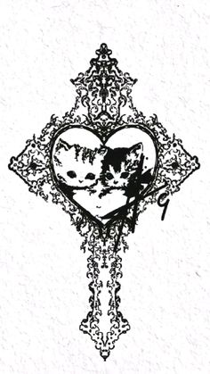 a black and white drawing of two cats in a heart on a cross with an ornate border