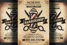 barber shop flyer template with scissors and ribbon on the front, and an old paper background