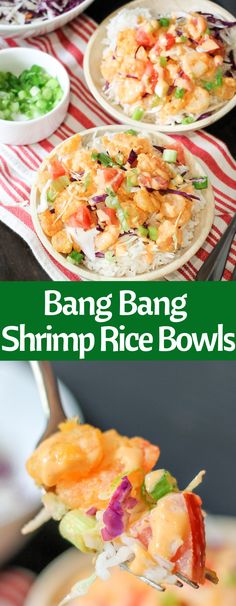 two plates with different types of food on them and the words bang bang shrimp rice bowls