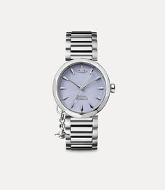 Designed with a textured blue dial, the Poplar watch in stainless steel features a silver-tone bezel and a hanging orb charm on the side to finish. Womens Designer Watches, Silver Watches Women, Blue Backdrops, Geometric Background, Ladies Watch, Lace Boots, Vivienne Westwood, Stainless Steel Bracelet, Watch Design