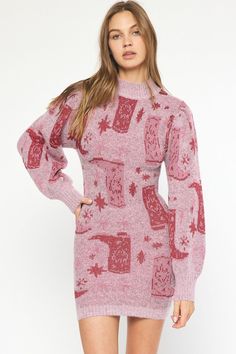 This Rhinestone Cowgirl Dress Pink is a stylish and unique item. It features a cowboy boot print long sleeve knit mini dress with ribbed detail and is unlined, knit, and lightweight. The rhinestone detail adds a special touch that is sure to turn heads. Cowboy Boot Print, Cowgirl Dress, Rhinestone Cowgirl, Cowgirl Dresses, Rose Boutique, Boot Print, Cowboy Boot, Holiday Jewelry, Instagram And Snapchat