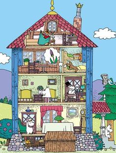 a cartoon house with cats and dogs in it