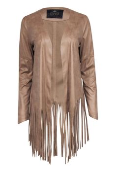 Current Boutique-SW3 - Tan Faux Suede Fringe Cardigan Sz M Bohemian Fringe Outerwear For Fall, Fringe Outerwear For Fall Festival, Beige Fringe Cardigan For Fall, Fall Beige Fringe Cardigan, Chic Fringe Cardigan, Chic Fringe Outerwear For Festivals, Chic Festival Outerwear With Fringe, Brown Tasseled Outerwear For Spring, Beige Fringe Cardigan For Spring