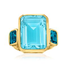 14.00 Carat Blue Quartz and 2.20 ct. t.w. London Blue Topaz Three-Stone Ring in 18kt Gold Over Sterling. Size 6 | Ross-Simons Pear Shaped Ring, 3 Stone Rings, Topaz Color, Natural Gold, Enamel Ring, Topaz Stone, Blue Quartz, Quartz Ring, Three Stone Rings