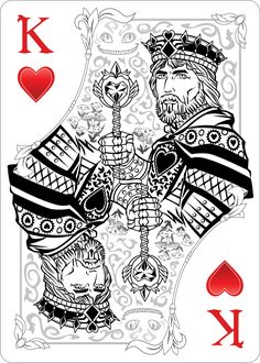 the king of spades playing card is shown in black and white with red accents