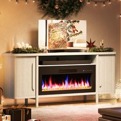 a living room decorated for christmas with presents and decorations on the fireplace mantels