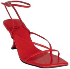 Red Heels With Sculpted Heel And Single Toe Strap, Red Square Toe Sandals With Padded Heel, Red Sandals With Padded Heel And Square Toe, Spring Heels With Red Sole And Square Toe, Formal Red Square Toe Sandals, Formal Red Sandals With Square Toe, Red Square Toe Sandals For Formal Occasions, Red Fitted Strappy Sandals, Fitted Red Strappy Sandals