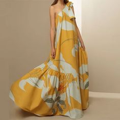 Summer Party Gown With Floral Print, Fitted One-shoulder Summer Gown, Yellow Printed Maxi Dress For Party, Yellow A-line Sundress For Party, Yellow Maxi Length Gown For Spring, Yellow Summer Party Gown, Yellow Spring Party Gown, Yellow Floral Print Maxi Dress For Party, One Shoulder Printed Maxi Dress For Summer