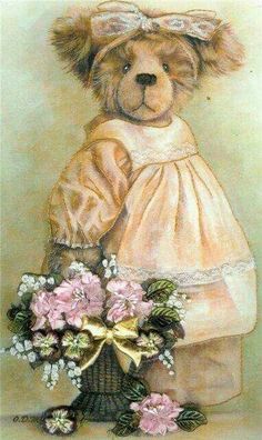 a painting of a teddy bear in a pink dress holding a bouquet of flowers on a table