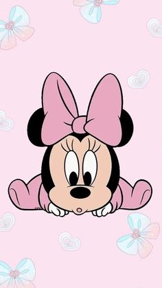 minnie mouse wallpaper with pink bows on it's head and flowers in the background