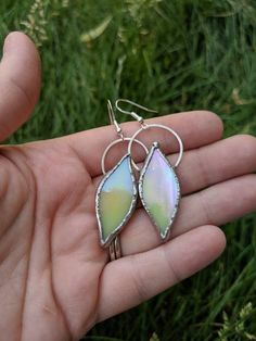 Beautiful and unique stained glass earrings with sterling silver wire and ear wires. Unique Iridescent Pierced Earrings, Unique Iridescent Earrings, Unique Iridescent Teardrop Earrings, Iridescent Wire Wrapped Drop Earrings, Iridescent Wire Wrapped Dangle Earrings, Handmade Iridescent Czech Glass Earrings, Handmade Unique Iridescent Earrings, Gift Iridescent Wire Wrapped Earrings, Gift Iridescent Earrings With Wire Wrapped