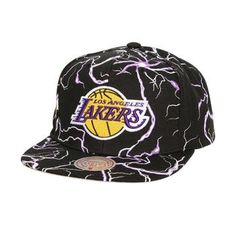 the los lakers lightning snapback hat is black and white with purple lightning on it