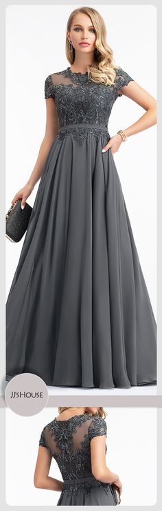 Attend the event in style wearing this impressive evening dress that features a beautiful lace pattern and dramatic floor-length chiffon skirt. #PartyDresses #EveningDresses #Dresses #JJsHouse #EveningDressesForWomen #AffordableEveningDresses #ALine #ScoopNeck #FloorLength #Lace #Chiffon #Sequins #Sleeves #Steel Grey Chiffon Mother Of The Bride Dress With Sweep Train, Evening Georgette Long Dress, Formal Long Chiffon Dress, Elegant Evening Georgette Skirt, Elegant Sheer Chiffon Skirt, Formal Flowy Chiffon Dress, Elegant Floor-length Chiffon Skirt, Affordable Evening Dresses, Chiffon Evening Dresses