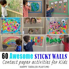 there are many different pictures of kids making sticky walls for the classroom to use in their art projects