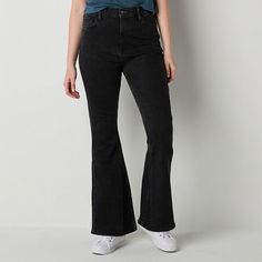 Designed to flatter the figure, these Arizona Jean Co. women's and junior's curvy-fit flare jeans are an on-trend must-have for your denim collection. They're made from a cotton-blend with a high-rise, a button-zip fly, and classic 5-pocket tailoring. Wear yours with a crop top and sneakers. Closure Type: Zipper, ButtonPockets: 2 Back Slip Pockets, 2 Front Slip Pockets, 1 Front Coin PocketRise: High RiseFiber Content: 72% Cotton, 26% Polyester, 2% Lycra SpandexFabric Description: DenimInseam: 29 Cheap High Rise Stretch Flares, Cheap Stretch High Waist Flares, Cheap Black Jeans With Five Pockets, Cheap Chic Black Jeans, Cheap Black Jeans For Night Out, Affordable Black Party Jeans, Cheap Black Party Jeans, Cheap Black Jeans For Party, Cheap Fitted Black Jeans