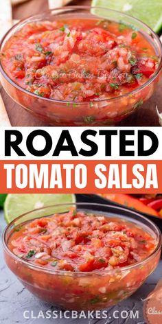 roasted tomato salsa in a glass bowl with limes on the side