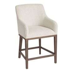 a white upholstered chair with wooden legs and seat cushion on an isolated background