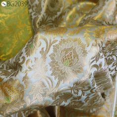 Indian Gold Brocade Fabric Wedding Dress Banarasi Blended Sewing Silk Pistachio Lengha DIY Crafting Cushion Covers Table Runners Home Decor Pistachio Lengha, Green Brocade Embroidered Fabric With Zari Work, Green Brocade Fabric With Zari Embroidery, Elegant Green Brocade Dupatta, Green Bollywood Embroidered Fabric For Wedding, Gold Brocade Embroidered Fabric For Wedding, Gold Embroidered Brocade Fabric For Wedding, Bollywood Style Green Embroidered Fabric For Wedding, Green Anarkali Embroidered Fabric For Wedding