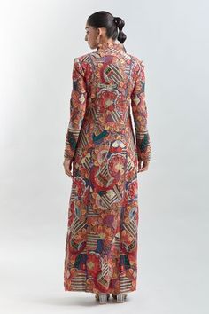 Multi colored longline jacket kurta with embroidery. Comes with embroidered waistband draped skirt. - Aza Fashions Fitted Multicolor Outerwear With Intricate Embroidery, Stand Collar Jacket, Anamika Khanna, Longline Jacket, Stand Collar Jackets, Draped Skirt, Embroidered Neckline, Collar Jacket, Embroidered Jacket