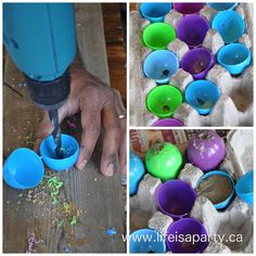 the process of making colorful bowls is being performed by someone using an electric drill to make them