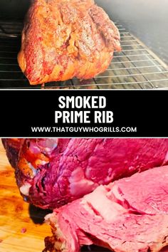 smoked prime rib roasting on the grill with text overlay