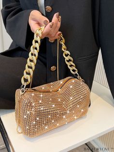 BagForLove - Stylish Rhinestone Mini Hobo Bag with Chain Glitter Detail Product Description Color Gold Details Rhinestone Strap Type Chain Bag Size Mini Style Minimalist Pattern Type Plain Closure Type Zipper Type Hobo Bag Material Glitter Composition 100% Polyester Size Chart INCH CM Bag Height Bag Length Bag Width Handle Height Strap Length 5.1 inch 7.9 inch 4.3 inch 7.9 inch 45.3 inch Bag Height Bag Length Bag Width Handle Height Strap Length 13 cm 20 cm 11 cm 20 cm 115 cm Details Pictures Si Sparkling Clutch For Night Out, Glamorous Clutch Shoulder Bag With Chain Strap, Trendy Evening Bags With Rhinestones, Trendy Rhinestone Bags For Party, Trendy Party Bags With Rhinestones, Glamorous Rhinestone Bags For Night Out, Chain Shoulder Bag For Night Out, Glamorous Clutch Bag With Chain, Glamorous Clutch Bag With Chain Detail