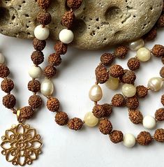 Sunspray Pearl and yellow Jasper Sacred Rudraksha Seed Mala Prayer Beads 108 beads brass sun flower fixing P3 Bohemian Brown Mala For Rituals, Brown Bohemian Mala For Puja, Natural Stone Round Beads For Festivals, Bohemian Brown Mala For Festivals, Bohemian Necklace With 108 Beads For Puja, Spiritual Beaded Necklaces With Natural Stones For Festivals, Bohemian Beaded Necklace With 108 Beads For Puja, Brass Beaded Necklace With Gemstone Beads, Yellow 8mm Bohemian Beads