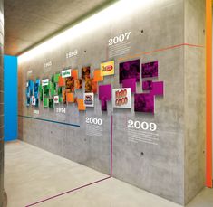 a wall with many different colored papers on it and numbers in the middle, along with an information board