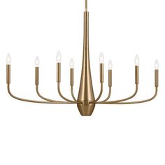 a large brass chandelier with six lights on each end and five candles in the middle