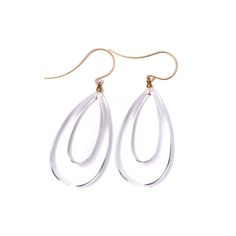 Crystal clear teardrop shaped donut earrings. Drop shaped hoop, made with lucite that looks like glass, but weights almost nothing. Each measures 2.5" in length. Earwires are frosted 24k gold plated over base metal. Earrings are made with vintage lucite parts that were made in Rhode Island in the 1960's - early 80's by Best Plastics. We hand-set them with surgical steel earring posts and they have sturdy surgical steel/acrylic backings on them as well. Modern Clear Drop Jewelry, Modern White Teardrop Earrings, Modern Clear Teardrop Jewelry, Modern Clear Teardrop Earrings, Modern White Teardrop Hoop Earrings, Clear Teardrop Earrings For Pierced Ears, White Drop Hoop Earrings, Modern White Lucite Jewelry, Everyday Clear Teardrop Earrings