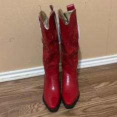 Western Boots, Size 7, Color Red Red Western Heeled Boots With Snip Toe, Red Leather Snip Toe Mid-calf Boots, Red Round Toe Mid-calf Boots For Fall, Fall Boots With Red Sole And Almond Toe, Spring Boots With Red Sole, Medium Width, Red Leather Wide Calf Boots, Western Style Red Leather Mid-calf Boots, Trendy Red Boots With Square Toe, Red Wide Calf Leather Boots