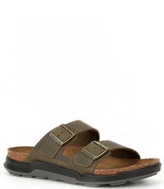 From Birkenstock&#x2C; the Men's Arizona CT Rugged Sandals feature:Oiled leather uppersComfortable suede lined footbedAdjustable buckle straps for a custom fitAnatomically shaped cork/latex footbeds support the arches of the footCushioned midsoles and footbeds provide shock absorptionDouble-density outsoles allow rugged&#x2C; casual wear&#x2C; providing anti-slip traction on a variety of terrainDirect-injected (not glued) outsoles with a TPU Casual Leather Slides For Outdoor Activities, Leather Slides With Round Toe For Outdoor, Closed Toe Leather Slides For Outdoor, Leather Closed Toe Slides For Outdoor, Rugged Brown Sandals With Textured Footbed, Leather Slides With Cushioned Footbed For Outdoor, Rugged Sandals With Textured Footbed And Round Toe, Outdoor Slides With Leather Footbed, Sandals With Cork-bed Midsoles For Outdoor Activities