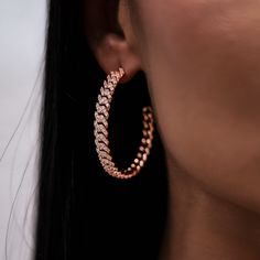 Introducing the Diamond Prong Hoop Earrings in 14k Rose Gold. Available in four different sizes and three colors, we took your favorite chain and bracelet and transformed them into finely detailed hoops! Featuring a micro cuban link pattern and covered in hand-set stones, these earrings are perfect for every occasion. Complete the matching set with the Micro Diamond Prong Chain and Bracelet in Rose Gold! This product is guaranteed for life – GLD will repair or replace the item should you experie Pink Gold Cubic Zirconia Jewelry With Prong Setting, Everyday Luxury Rose Gold Cubic Zirconia Jewelry, Rose Gold Hoop Earrings For Everyday Luxury, Everyday Luxury Rose Gold Hoop Earrings, 14k Rose Gold Fine Jewelry Hoop Earrings, 14k Rose Gold Hoop Earrings Fine Jewelry, 14k Rose Gold Hoop Earrings, 14k Pink Gold Jewelry With Prong Setting, Fine Jewelry In Pink Gold With Diamond Cut