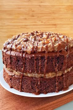 a chocolate cake on a white plate topped with nuts and drizzled in chocolate