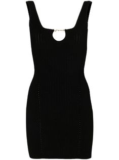 black ribbed knit stretch-design scallop scoop neck sleeveless gold-tone logo plaque at the chest cut-out detailing V-back internal logo tag thigh-length straight hem Versace Clothes, Virgo Rising, Jacquemus Dress, Versace Dress, Fitted Mini Dress, Black Tweed, Mini Dresses For Women, Dreamy Dress, Logo Tag