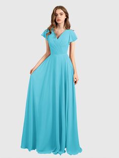 #color_Pool V-neck Ruffled Maxi Dress For Prom, Floor-length Ruffled Dress, Solid Floor-length Dress With Ruffles, V-neck Maxi Dress With Ruched Bodice For Bridesmaid, Chiffon Maxi Dress With Ruched Bodice And V-neck, Flowy V-neck Bridesmaid Dress For Formal Occasions, V-neck Chiffon Maxi Dress With Ruched Bodice, Flowy V-neck Bridesmaid Dress For Evening, Short Sleeve Ruffled Maxi Dress For Bridesmaids