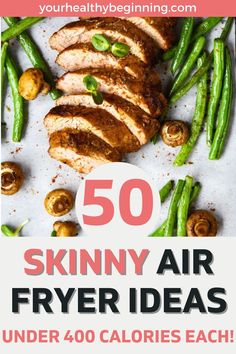 the cover of skinnyy air fryer ideas for under 40 calories each with text overlay