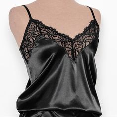 Satin & Lace Cami - Black Nightgown Outfit, Black Nightgown, Date Night Gifts, Satin Chemise, Camisole Set, Corsets And Bustiers, Black Camis, Satin Shirt, Bridal Lingerie